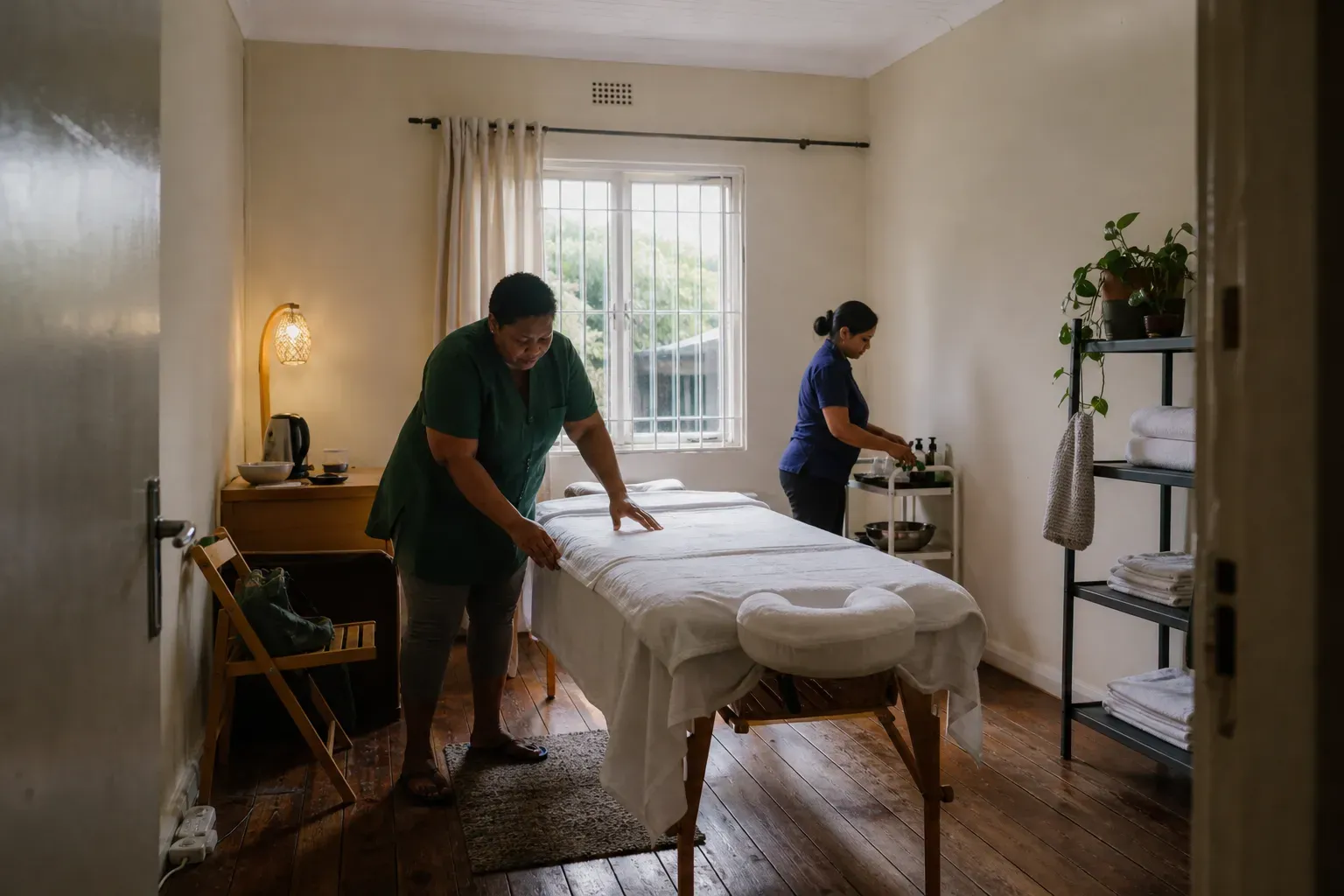 Therapist and helper preparing a massage room with towels and oils