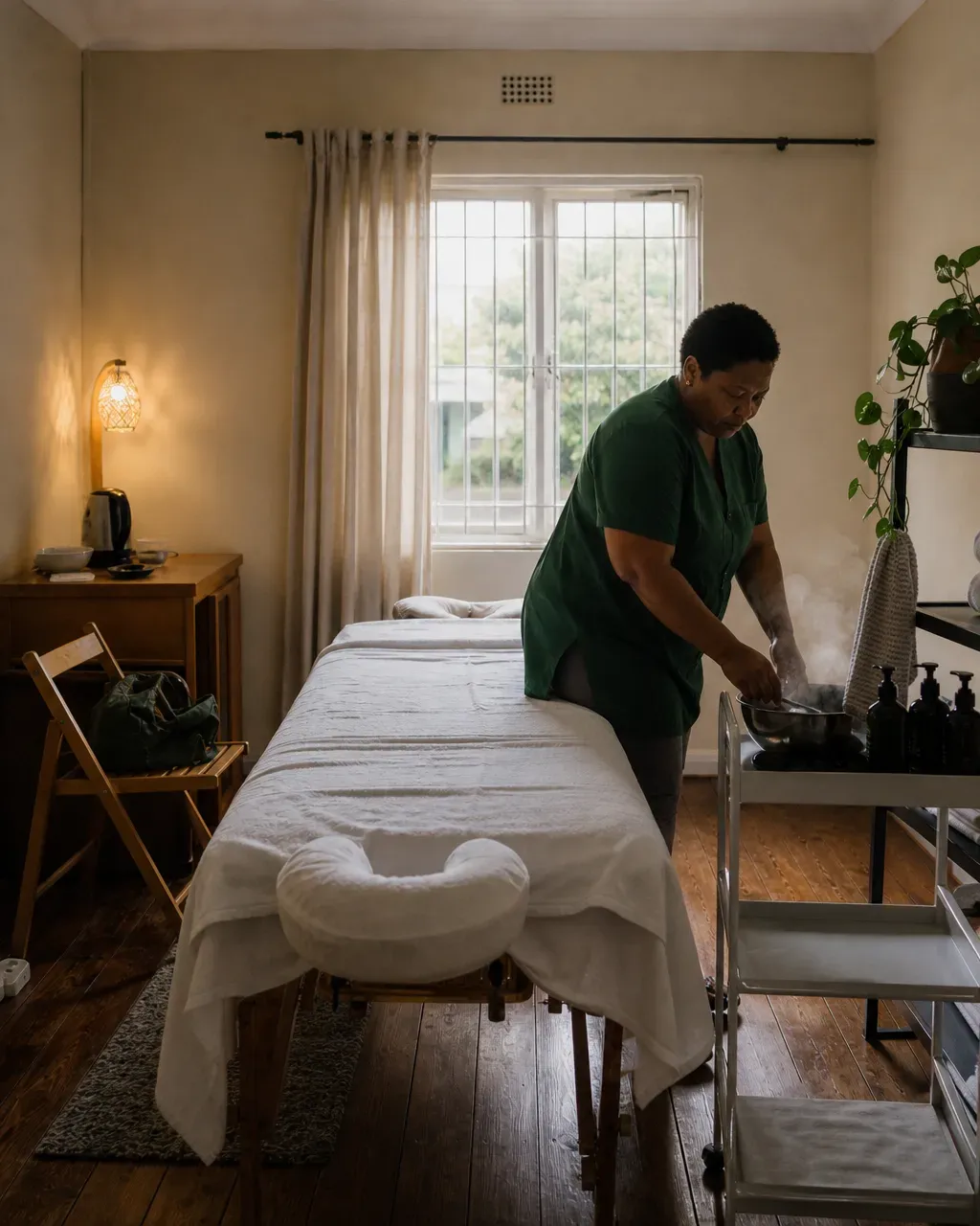 Hot stones being warmed beside a massage table