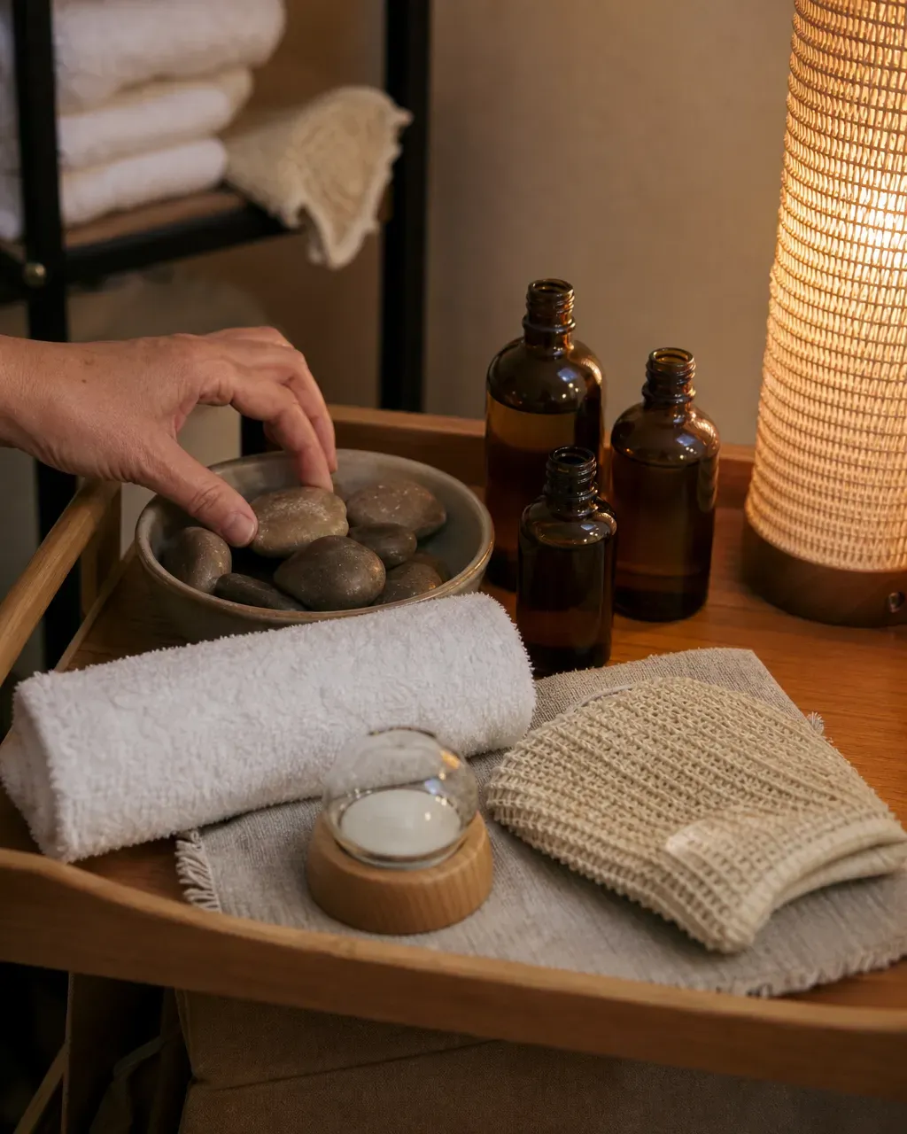 Warm stones, oil bottles and a rolled towel on a trolley