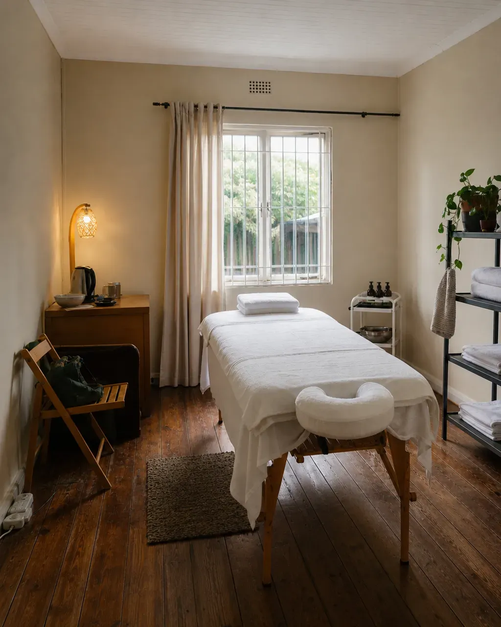 Treatment room with fresh towels and a warm lamp