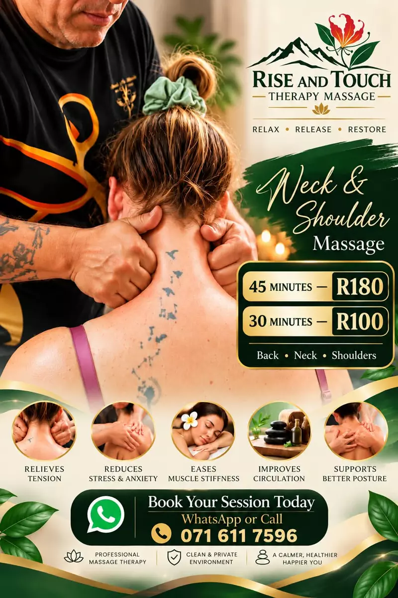 Poster for the neck and shoulder massage special with prices and contact details