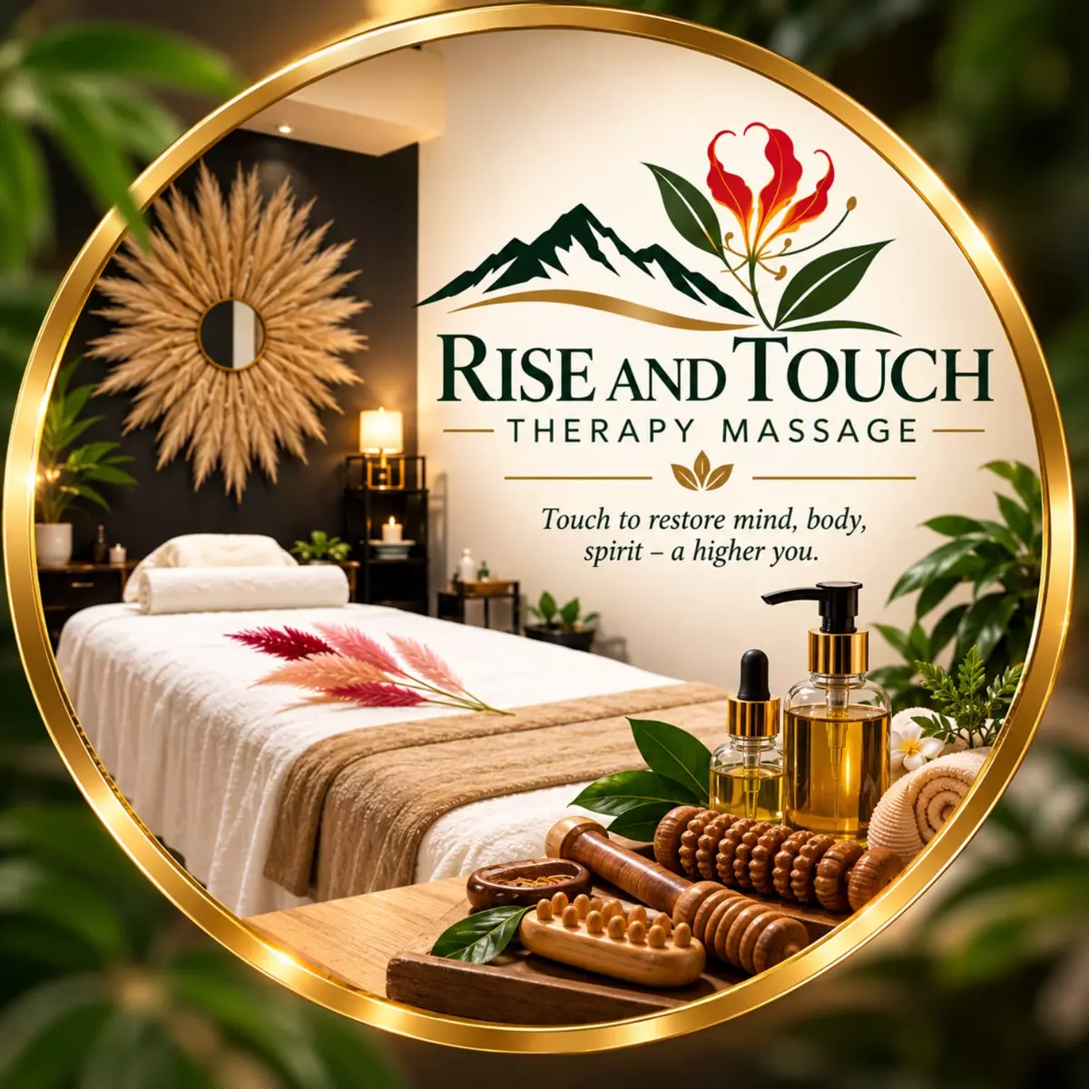 Promotional graphic with a massage room, massage tools and the Rise and Touch logo