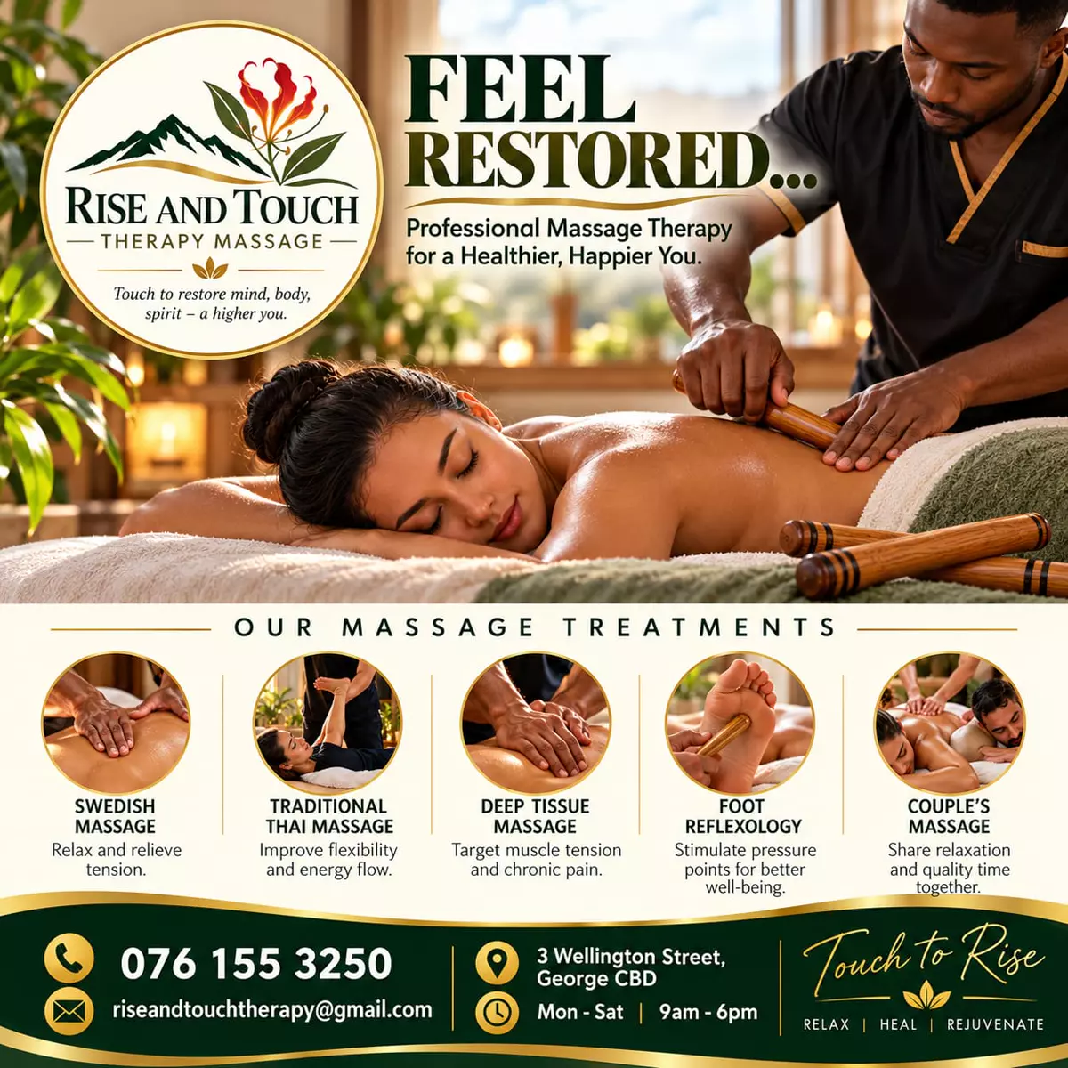 Promotional flyer showing the massage treatments available