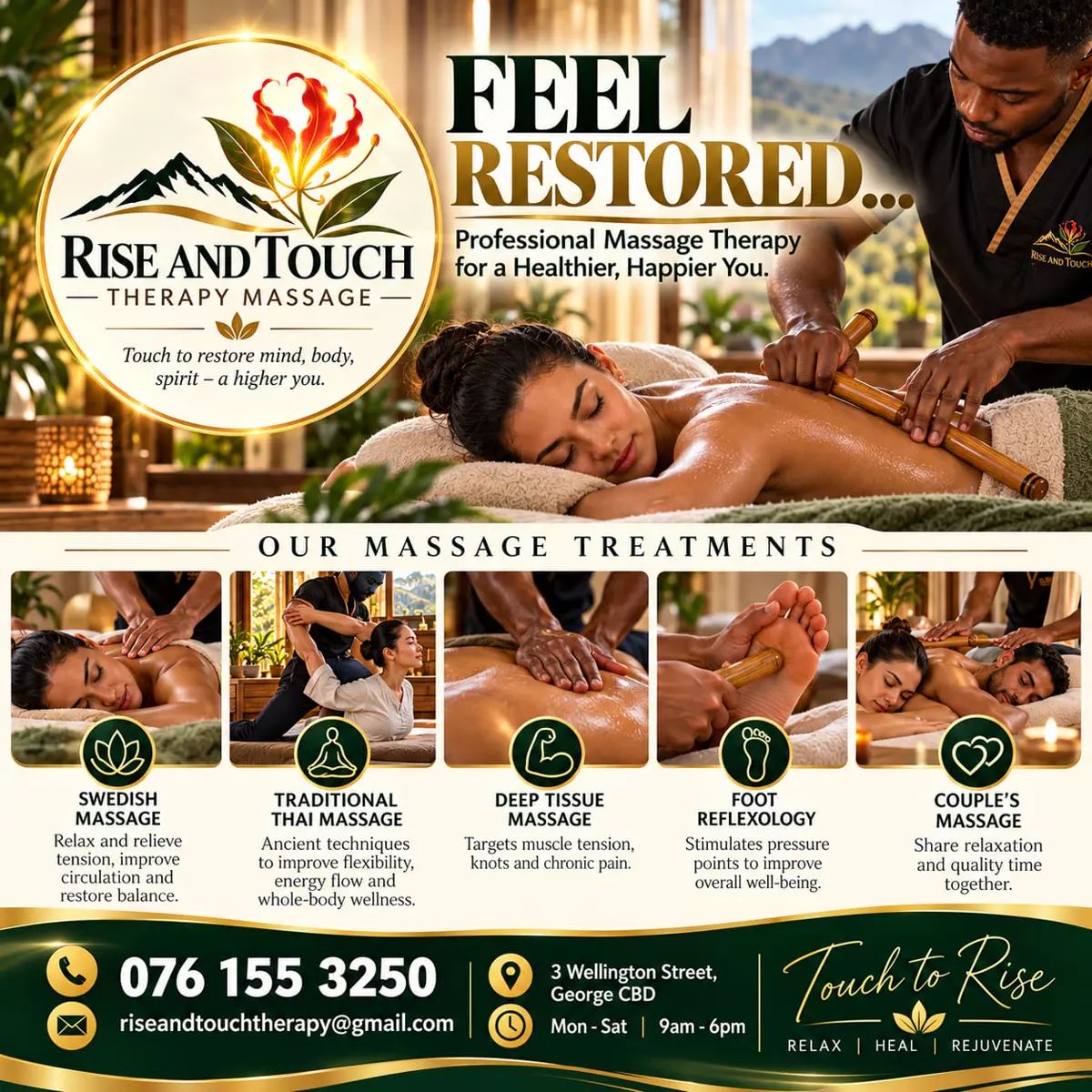 Flyer listing the massage treatments with contact details