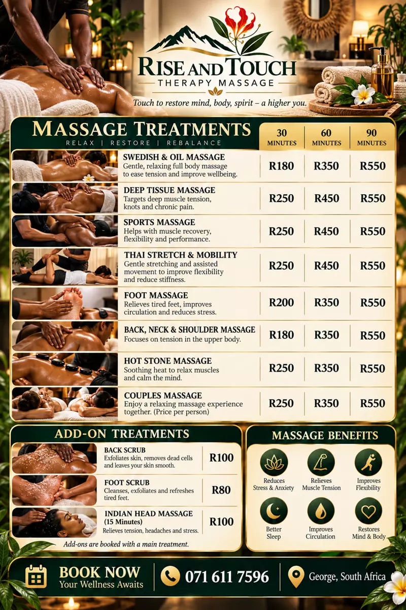Massage treatments price list with session lengths and add-ons